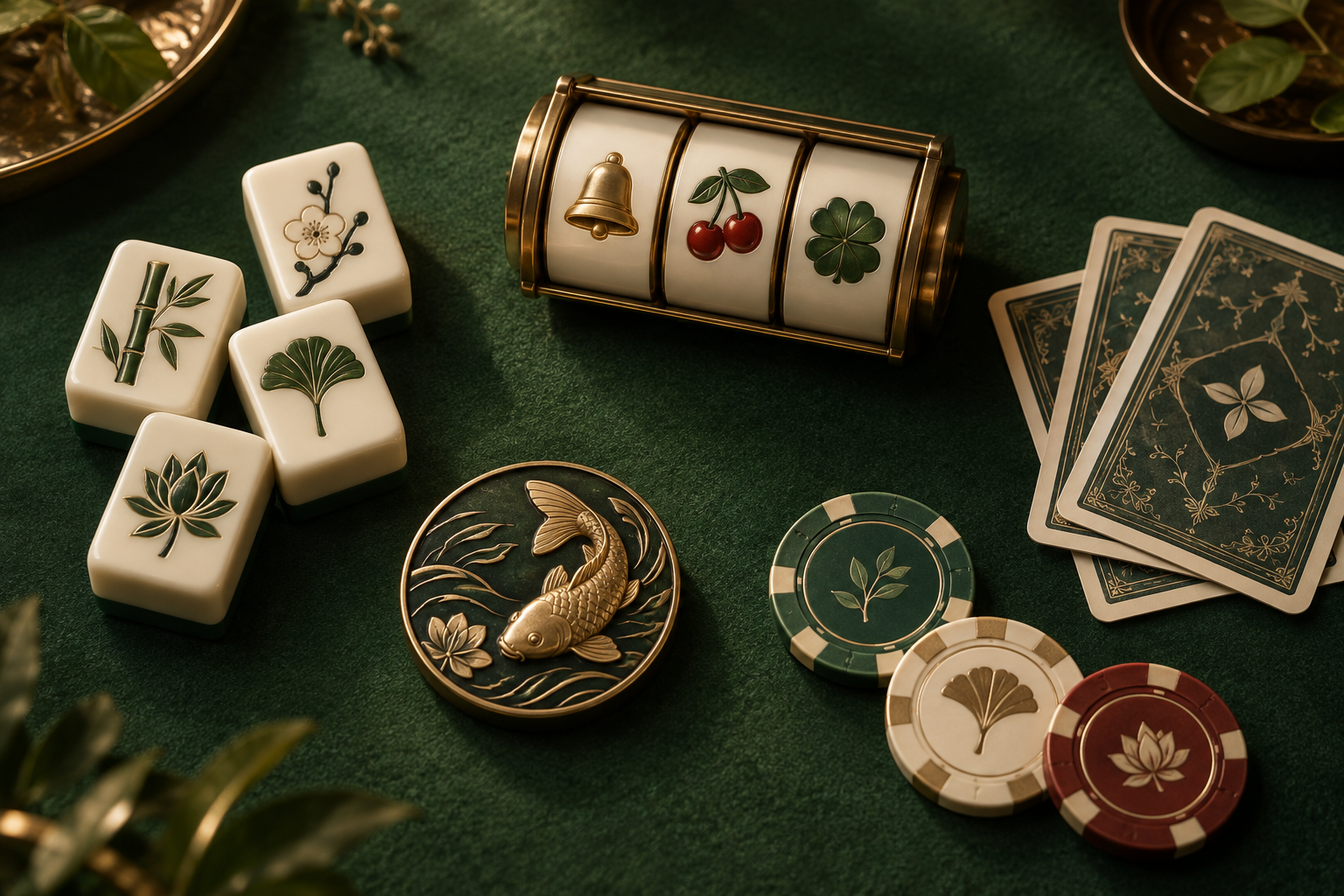 Ilustrasi ubin mahjong, gulungan slot, kartu dan keping di meja hijau